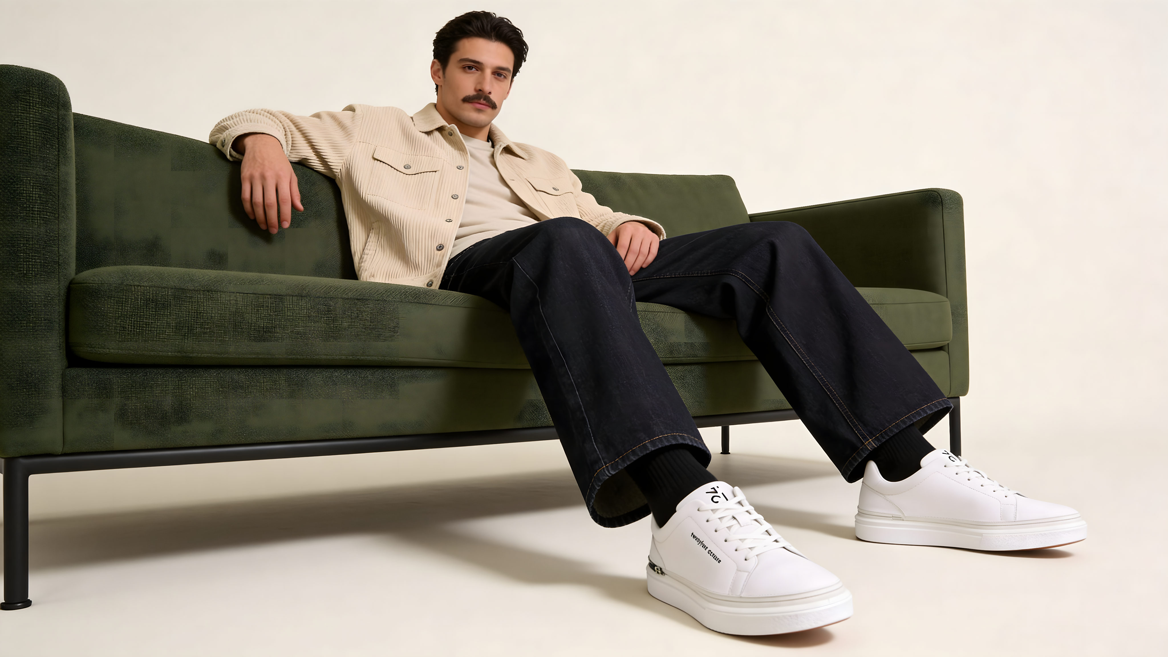 Mann in beigefarbener Jacke und dunkler Jeans sitzt auf einem dunkelgrünen Sofa und trägt modulare 24couture Horizon Sneaker in Pure White auf der weißen Perpetual Sohle mit schwarzer Lauffläche und rotem Fersenabsatz.
