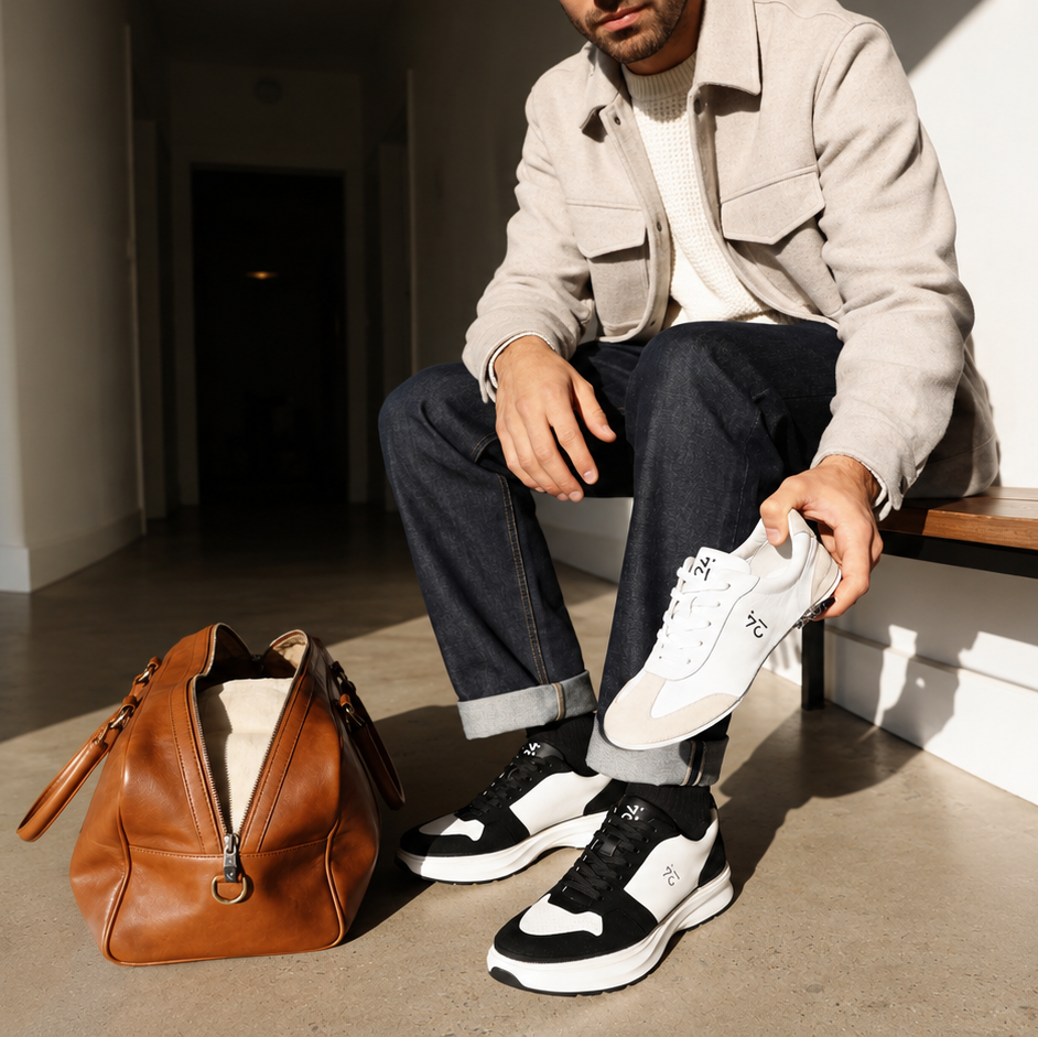 Mann sitzt neben einer braunen Reisetasche und hält ein wechselbares 24couture Adore Upper in White und Sand. Er trägt Ascend Sneaker in White und Black auf der Impulse Sohle in White und Black und demonstriert das modulare Wechselsystem.